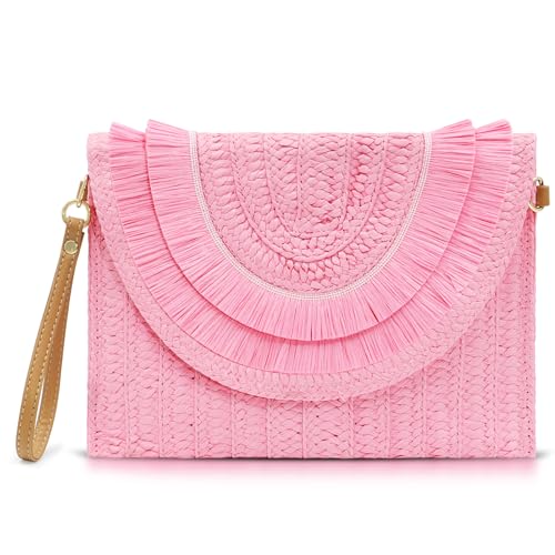 QTKJ Crossbody-Taschen für Damen, Stroh-Clutch-Geldbörsen, Bohemian-Stil, handgefertigt, gewebtes Umschlagpaket, Quasten-Handtaschen für Frauen, Blasses Pink von QTKJ