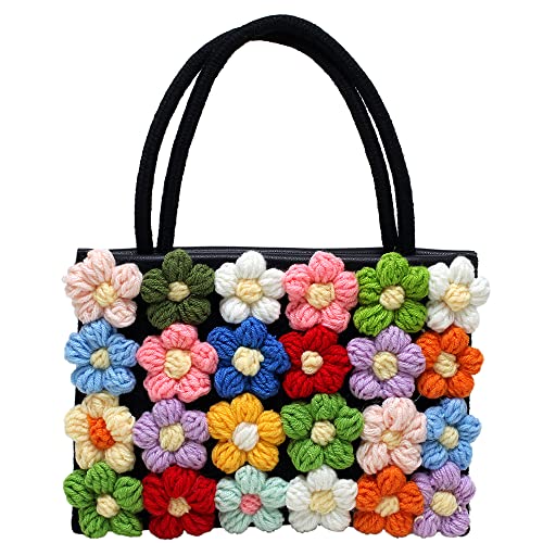 QTKJ Damen Handgewebte Crossbody Schultertasche Handtasche Rechteck Baumwolle Gewebt Geldbörse Süße Sommer Strand Tasche mit Strickblumen, Blau, 7.8''x 7.8'' von QTKJ