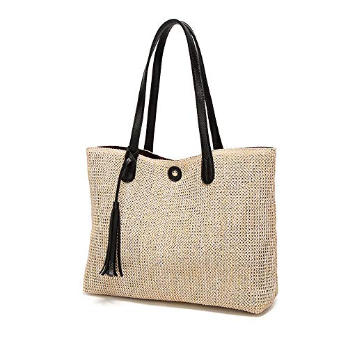 QTKJ Frauen Stroh Sommer Strandtasche Handwoven Big Tote Leder Schultertasche mit Quaste Dekorieren (Schwarz) von QTKJ