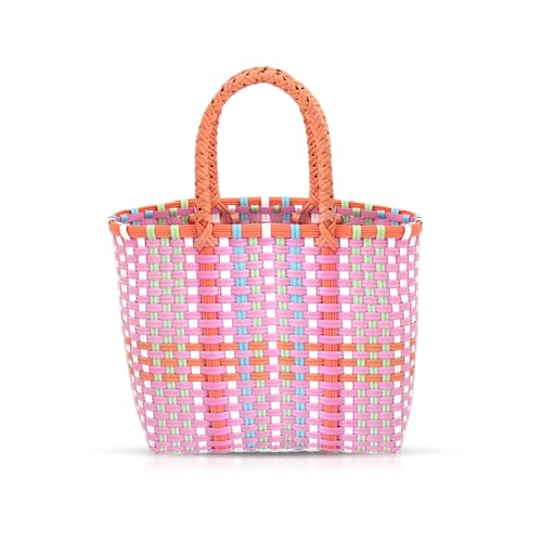 QTKJ Gewebte Strohtasche für Damen, quadratische Strandtasche, Bohemian-Stil, handgefertigte Handtasche für Urlaub, Reisen, Alltag (Rosa), Pink, Einheitsgröße von QTKJ