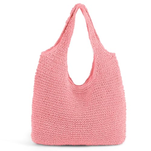 QTKJ Handgewebte weiche große Stroh-Umhängetasche, Boho-Strohgriff, Tragetasche, Retro-Sommer-Strandtasche, Rattan-Handtasche, Helles Rosa von QTKJ