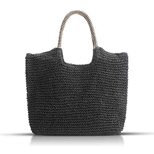 QTKJ Handgewebte weiche große Stroh-Umhängetasche, Strandtasche, schwarze Boho-Stroh-Griff-Tasche, Retro-Sommer-Strandtasche, Rattan-Handtasche (schwarz) von QTKJ