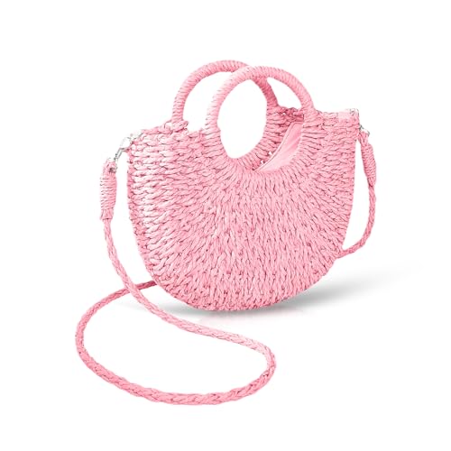 QTKJ Mini-Strohtasche, halbrund, handgewebt, Damen, Sommer, Retro, Strandtasche, Umhängetasche, Crossbody, Reisen, Strandtasche, Helles Rosa, 6.29''x 9.84'' von QTKJ