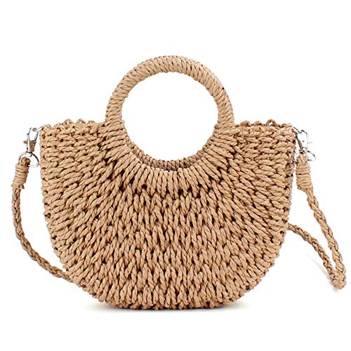 QTKJ Mini halbrunde Rattan-Strohtasche, handgewebt, für Damen, Sommer, Retro, Strandtasche, Umhängetasche, Crossbody, Reisen, Strandtasche, khaki von QTKJ