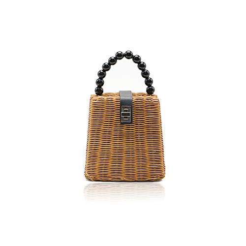 QTKJ Mode Frauen handgewebte Wicker Umhängetasche mit abnehmbarem Leder Schultergurt Sommer Vintage Strand Stroh Crossbody Tasche Perlen Griff Einkaufstasche von QTKJ