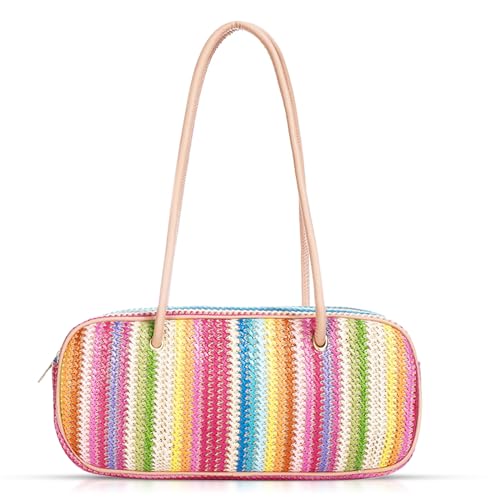 QTKJ Schultertasche für Damen, mehrfarbig, Strandtasche, rechteckige Unterarmtasche, Strohtasche, geeignet für Urlaub, Reisen, Alltag (Rosa), Pink, Einheitsgröße von QTKJ