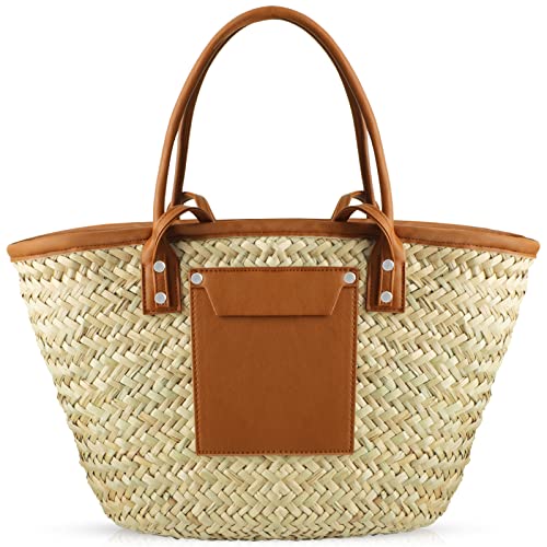 QTKJ Sommer Strandtasche, Handgewebte Strohtasche, Korbtasche Lederpaneele Handtasche, Stroh Crossbody Taschen für Frauen Rattan Umhängetasche, beige von QTKJ