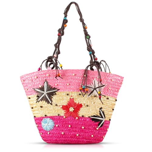 QTKJ Strandtasche, bunte Tragetasche für Damen, Pentagramm-Blumengewebe und Holzperlenverzierung, Strohtasche, böhmische Handtasche, geeignet für Urlaub, Reisen, tägliches Match (Rosa), Pink, von QTKJ