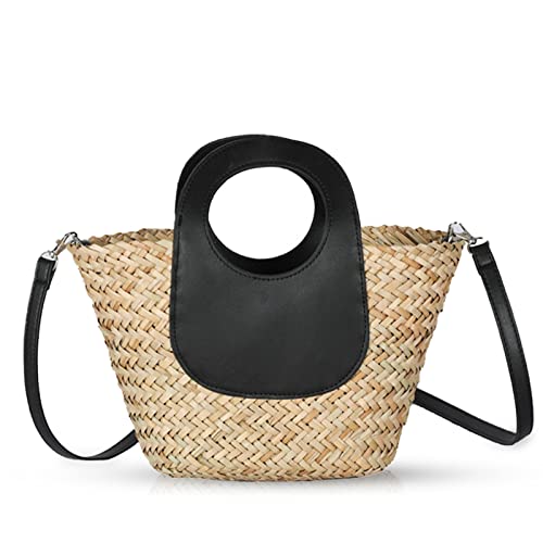 QTKJ Strohtasche, Strandtasche für Frauen, handgewebte weiche Handtasche, Mini-Strand-Crossbody-Design, Ledergriff, gewebte Tasche für Urlaub, Reisen, täglich (Schwarz, Schwarz von QTKJ