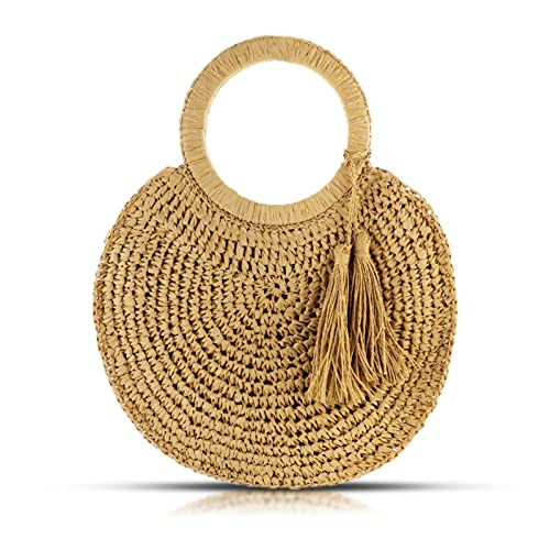 QTKJ Strohtasche Damen Khaki Medium Rechteck Medium Tote Bag Sommer Strand Handtasche mit Quaste Anhänger Reißverschluss Öffnung von QTKJ