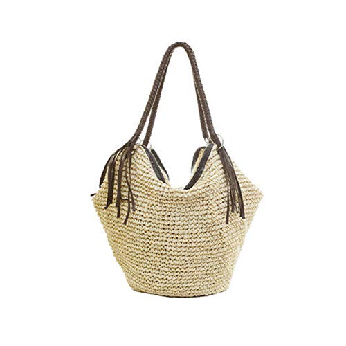 QTKJ Weiche, große Schultertasche aus Stroh mit braunen Lederquasten, Boho Ledergriff Tote Retro Sommer Strandtasche Rattan Handtasche (Beige) von QTKJ