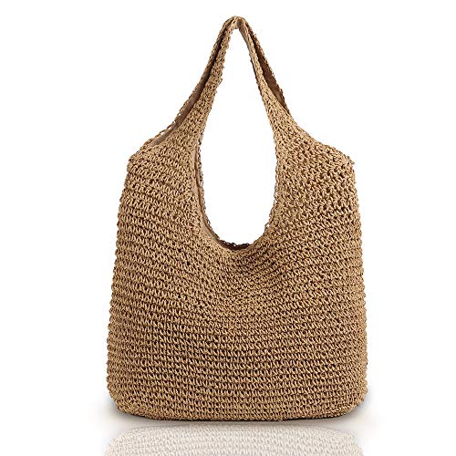 QTKJ handgewebte weiche große Stroh Umhängetasche Boho Stroh Griff Tote Retro Sommer Strandtasche Rattan Handtasche (Khaki) von QTKJ