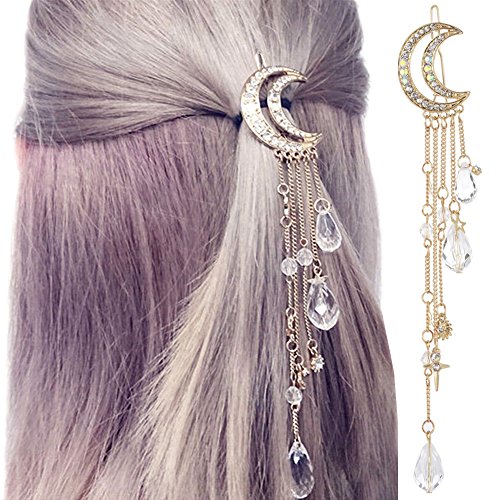 QTMY 2 Stück Schmetterling Blätter Zweige Strass Haarspange Haarschmuck Haarschmuck Zubehör Gold Moon Tassel von QTMY