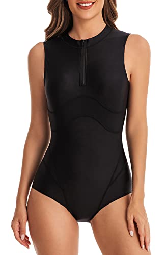 QTUN Damen Badeanzug Einteilige Strandmode Push Up Hoch Taillierte Monokini Badebekle Ärmellos Schwimmanzug Sportlich Surfen Bademode von QTUN