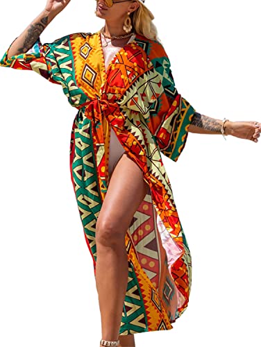 QTUN Damen Bikini Cover up Cardigan Boho Strand Badeanzug Bedecken Lange Strandponcho Bikini Cover up Bluse Lose Sommer Pareos Lang Sommerkleid von QTUN