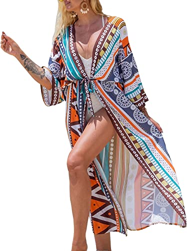 QTUN Damen Bikini Cover up Cardigan Boho Strand Badeanzug Bedecken Lange Strandponcho Bikini Cover up Bluse Lose Sommer Pareos Lang Sommerkleid von QTUN