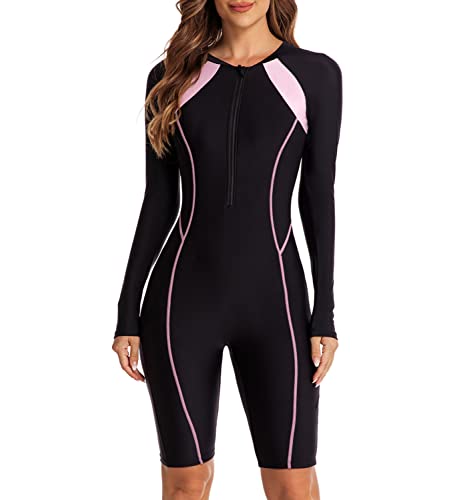 QTUN Damen Einteilige Badeanzug UV-Schutz Langarm Schwimmanzug Sportlich Surfen Bademode Slim Figurformend Schwimm Badebekleidung von QTUN