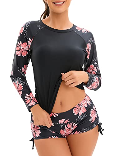 QTUN Damen Rashguard Langarm Badeshirt mit Badeshorts Rash Guard UV Schutz UPF 50+ Badeanzug Sportlich Bademode Strandkleidung von QTUN