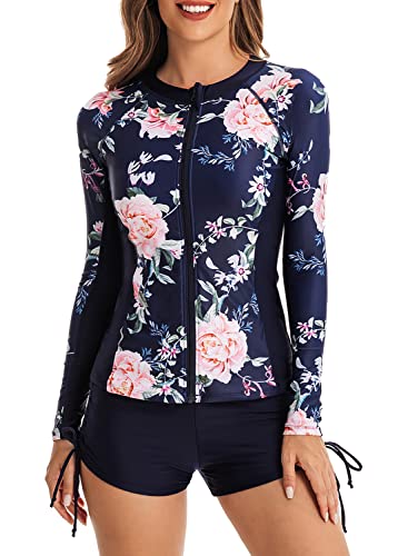 QTUN Damen Zweiteilig Badeanzug Rash Guard UV Schutz Langarm Badeshirt mit Hot Pants Sportlich Bademode Strandkleidung von QTUN