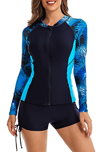 QTUN Damen Zweiteilig Badeanzug Rash Guard UV Schutz Langarm Badeshirt mit Hot Pants Sportlich Bademode Strandkleidung von QTUN