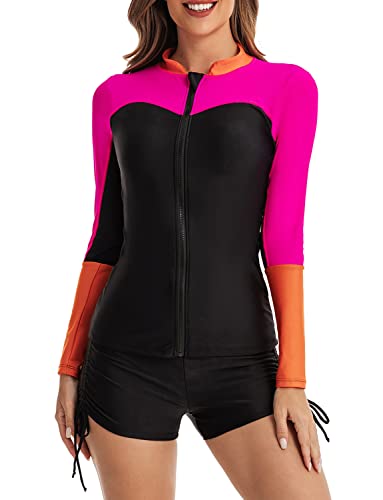 QTUN Damen Zweiteilig Badeanzug Rash Guard UV Schutz Langarm Badeshirt mit Hot Pants Sportlich Bademode Strandkleidung von QTUN