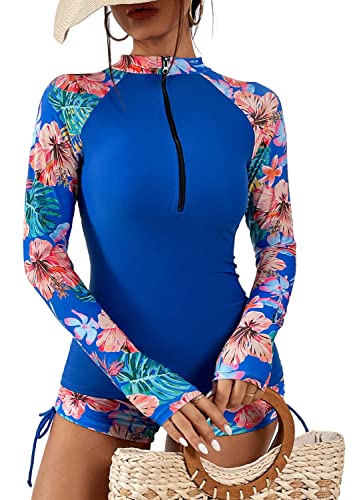 QTUN Damen Zweiteilig Badeanzug Rash Guard UV Schutz Langarm Badeshirt mit Hot Pants Sportlich Bademode Strandkleidung von QTUN