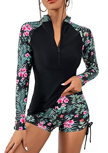 QTUN Damen Zweiteilig Badeanzug Rash Guard UV Schutz Langarm Badeshirt mit Hot Pants Sportlich Bademode Strandkleidung von QTUN