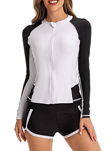 QTUN Surfanzug Damen Zweiteilig Badeanzug Rash Guard UV Schutz Langarm Badeshirt mit Badeshorts Sportlich Bademode Strandkleidung von QTUN