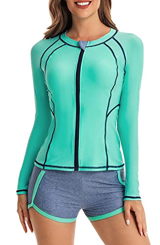 QTUN Surfanzug Damen Zweiteilig Badeanzug Rash Guard UV Schutz Langarm Badeshirt mit Badeshorts Sportlich Bademode Strandkleidung von QTUN