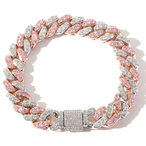 QTYQWC 14K Gold 12mm Cuban Link Chain Armband mit rosa und weißem Moissanit, Statement Schmuck für Männer, Geschenk für ihn von QTYQWC