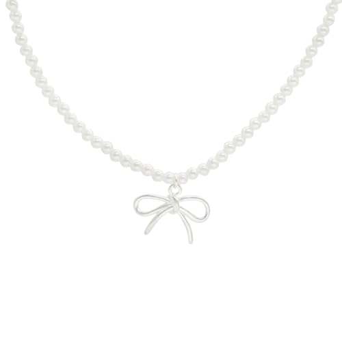 QTYQWC 925 Sterling Silber Bowknot Halskette für Frauen hohlaushöhle Perlenperlenkette süßer vielseitiger Schmuck Geschenk von QTYQWC