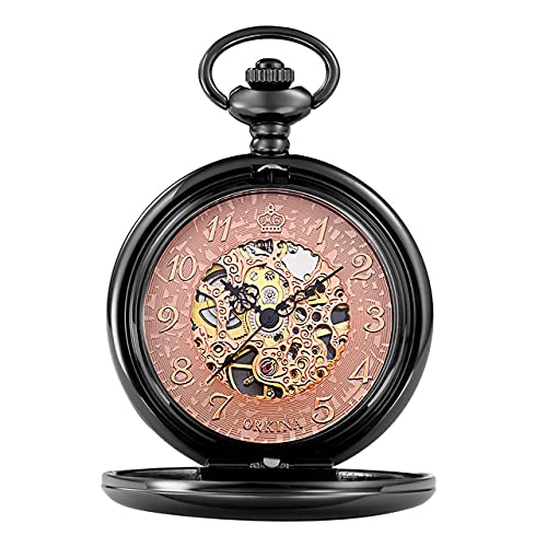 QTYQWC Goldener Splitter Glatte automatische mechanische Taschenuhr Kette Handwickel hohl Taschenuhr für Männer Frauen von QTYQWC