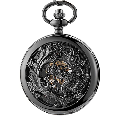 QTYQWC Mechanical Pocket Watch Dragon Play Ball Steampunk Skelett Hand-Wind Flip Clock Watch mit Kette für Männer Frauen Sammlung von QTYQWC