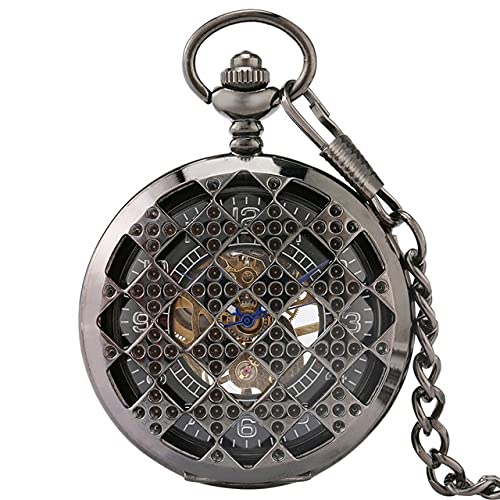QTYQWC Schwarze reguläre Rhombus hohlzahlen Gesichtsmechanische Taschenuhr Handwindungskette Vollstahl Taschenuhr für Männer Frauen von QTYQWC