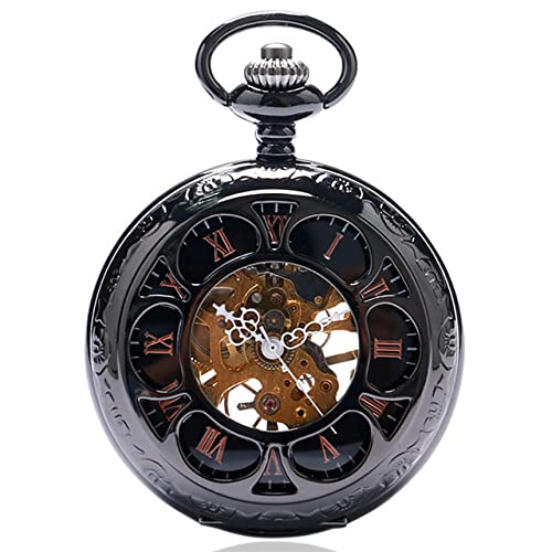 QTYQWC Vintage Schwarz/Silber halbkreis mechanische Handwindtaschenuhr Kette Luxus Steampunk Frauen Männer Uhren männliche Uhr Geschenke von QTYQWC