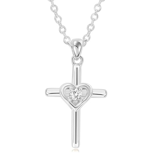 QUADRI 925 Sterling Silber Frauen Kreuz Halskette mit Zirkonia - Halskette mit großem Kreuz und Herz 45 + 5 cm - Eleganter und schlichter Schmuck für Mutter Geschenk Mutter Freundin Schwester von QUADRI