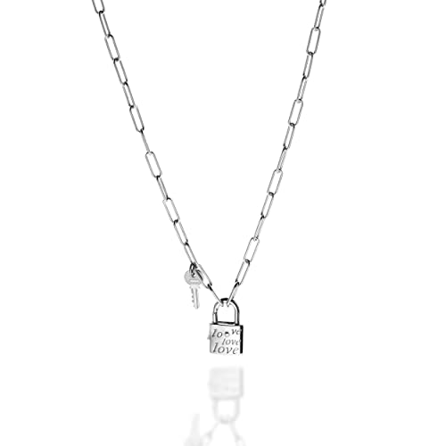 QUADRI - Damenhalskette aus 925er Silber - 3.20 MM Büroklammer Büroklammerkette mit Vorhängeschloss und Liebesschlüssel - 45 cm lang mit 5 cm Verlängerung. - Made in Italy-Zertifikat von QUADRI