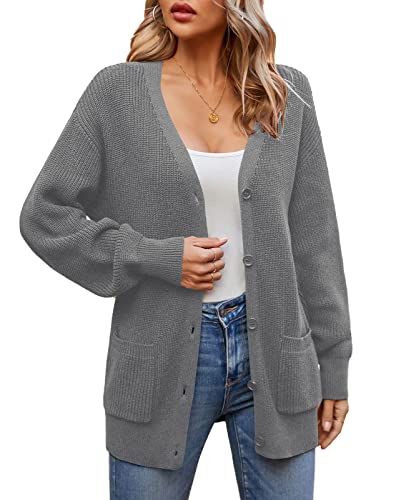 QUALFORT Damen 100% Baumwolle Cardigan Laternenärmel Cardigan Oversized Swearter mit Taschen, Upgrade-Grau, Mittel von QUALFORT