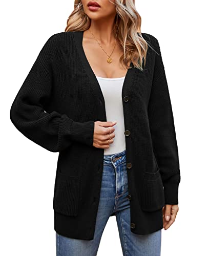 QUALFORT Damen 100% Baumwolle Cardigan Laternenärmel Cardigan Oversized Swearter mit Taschen, Upgrade-Schwarz, Mittel von QUALFORT