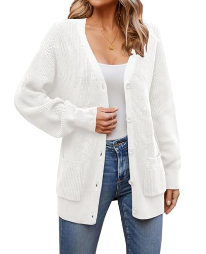 QUALFORT Damen 100% Baumwolle Cardigan Laternenärmel Cardigan Oversized Swearter mit Taschen, Weißes Upgrade, Mittel von QUALFORT