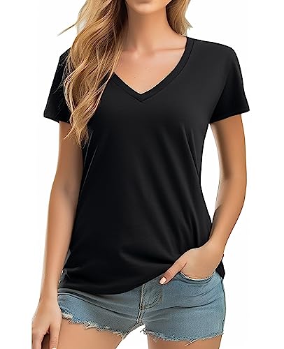 QUALFORT Damen Bambus V-Ausschnitt T-Shirt - Schwarz - X-Groß von QUALFORT