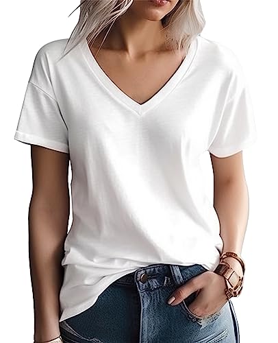 QUALFORT Damen Bambus V-Ausschnitt T-Shirt - Weiß - Groß von QUALFORT