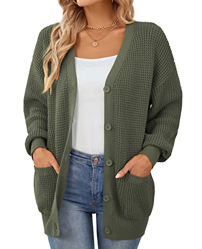 QUALFORT Damen Cardigan Pullover 100% Baumwolle Button-Down Langarm Oversized Strickjacken, Grün mit Taschen, Mittel von QUALFORT