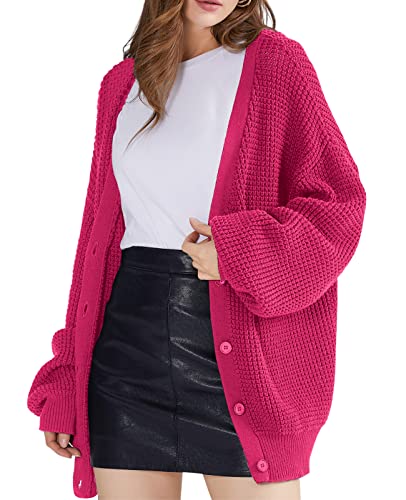 QUALFORT Damen Cardigan Pullover 100% Baumwolle Button-Down Langarm Oversized Strickjacken, Knallpink (Hot Pink), Groß von QUALFORT