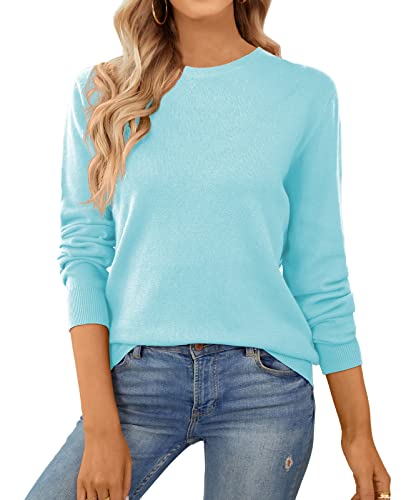 QUALFORT Damen Crewneck 100% Baumwolle Pullover Sweater Weich Strickpullover - Blau - Mittel von QUALFORT