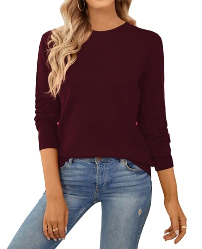 QUALFORT Damen Pullover 100% Baumwolle Leichter Langärmeliger Basic Strickpullover Burgunderrot M von QUALFORT