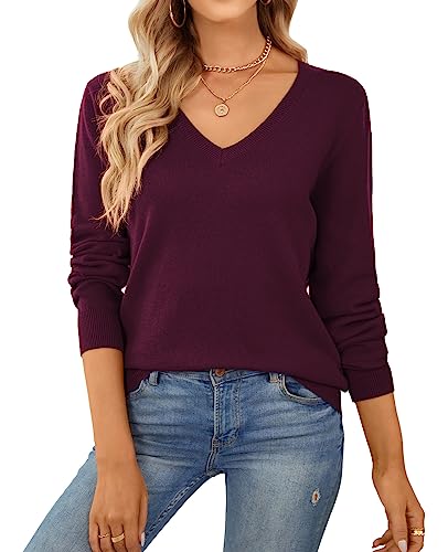 QUALFORT Damen Pullover 100% Baumwolle Leichter Langärmeliger Basic Strickpullover Burgunderrot M von QUALFORT