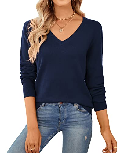 QUALFORT Damen Pullover 100% Baumwolle Leichter Langärmeliger Basic Strickpullover Marineblau M von QUALFORT