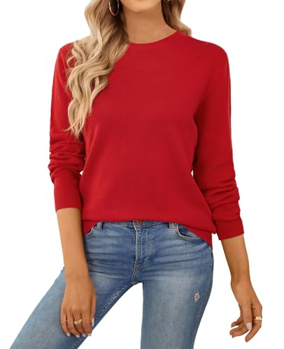 QUALFORT Damen Pullover 100% Baumwolle Leichter Langärmeliger Basic Strickpullover Rot L von QUALFORT