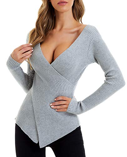 QUALFORT Sexy Damen-Pullover mit V-Ausschnitt, Strick-Wickel-Tops für Damen, schmale Passform, A-grau, X-Groß von QUALFORT